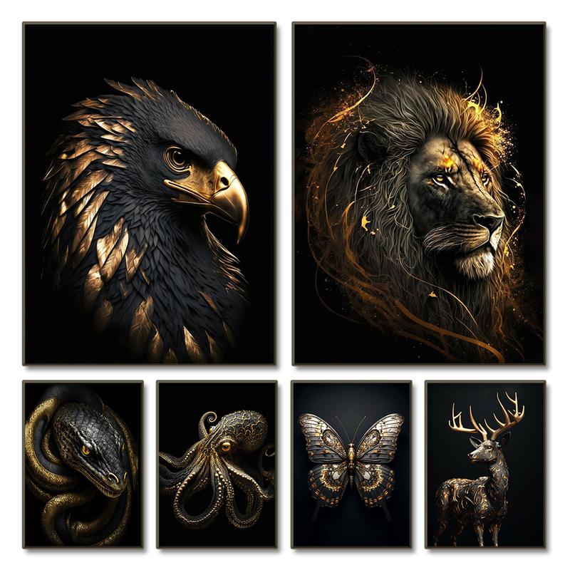 Product Introduction of Black Gold Eagle Lion Canvas Painting Metal Poster Wall Art Nordic Deer Tiger Wolf Swan Aesthetic Picture for Living Room Decor 6