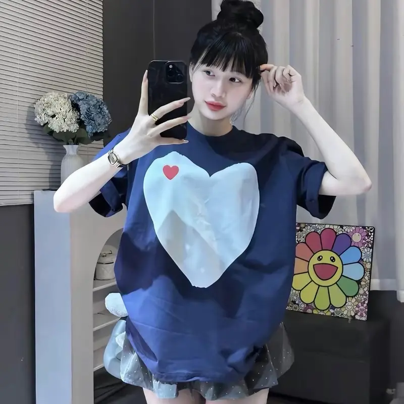Áo Thun Trái Tim Cute Dễ Thương Chất Vải Thun Poly Mềm Mịn Màu Xanh Than Tôn Da Form Rộng Unisex Cổ Tròn Tay Ngắn Women Top T-shirts có thể giặt máy phông nữ aothun coctay 1