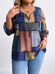 Blusa de Talla Grande para Mujer con Cierre, Estampado Irregular de Mezclilla Colorida, Blusa sin Hombros, Moda de Primavera y Otoño, Ropa para Fiestas de Halloween y Navidad