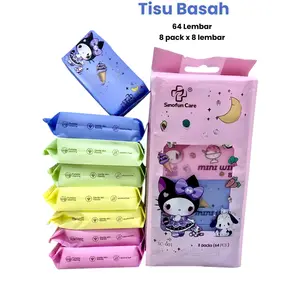Sinofun Care Tisu Basah Mini Kecil Motif Lucu 8 Pack 64 Lembar Tanpa Alkohol Aman untuk Tangan dan Mulut