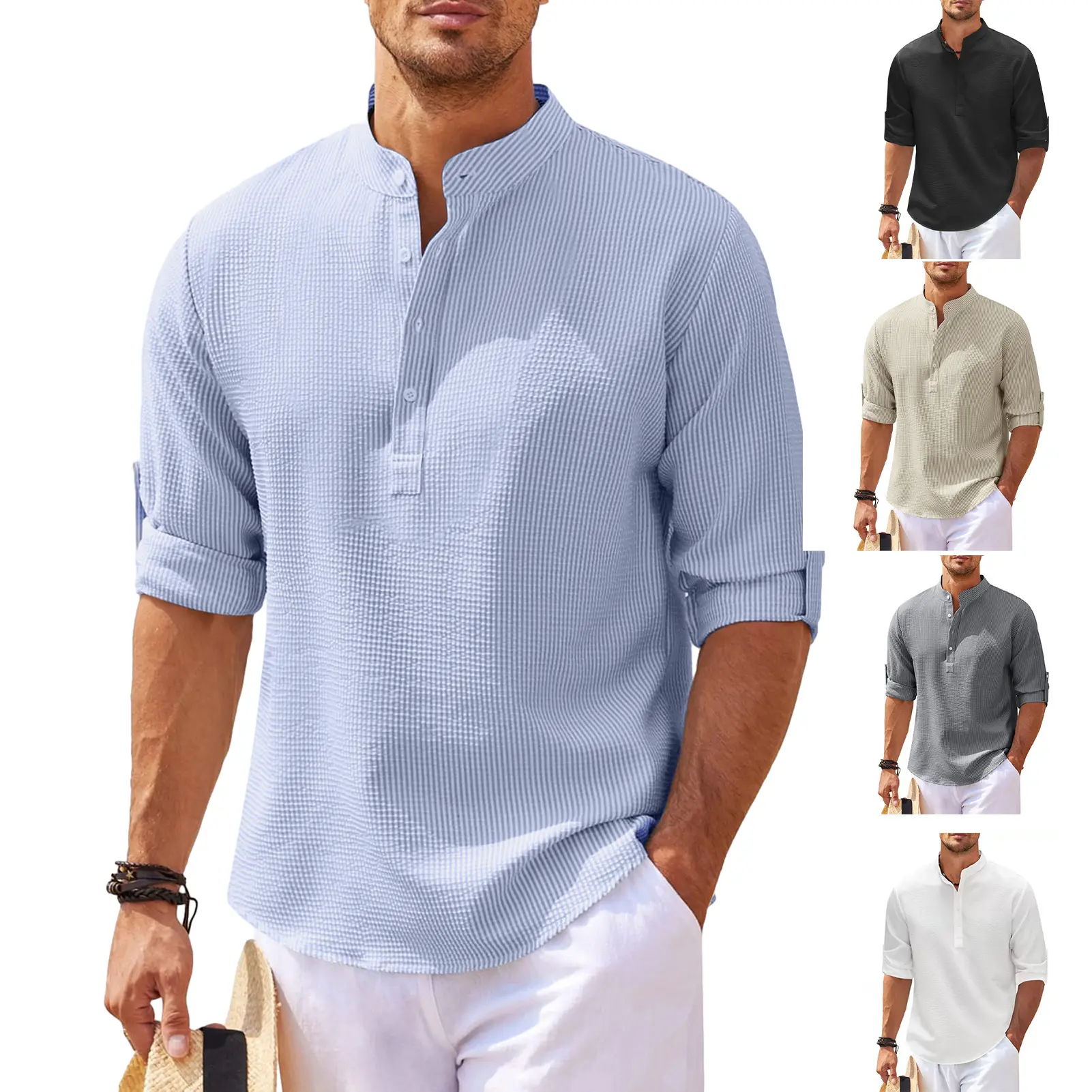 Lefeile Men Stand Collar Long Sleeve Pullover Tops Buttons Half Placket Plaid Print Casual Beach Style Shirt Streetwear