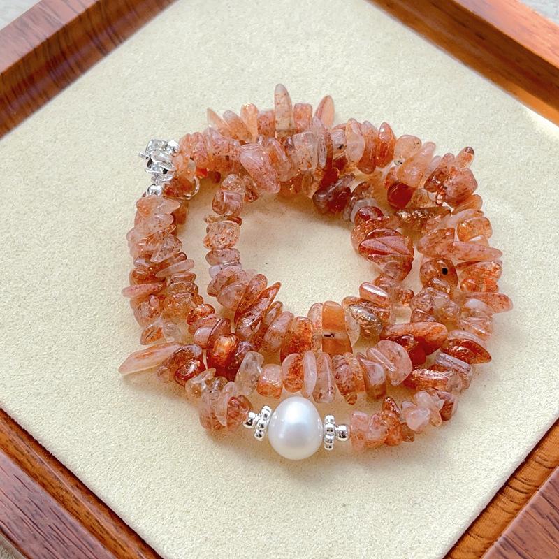 Natural crystal jewelry, gravel-shaped gold strawberry crystals, freshwater pearl bracelet, clavicle chain, sweater chain 4