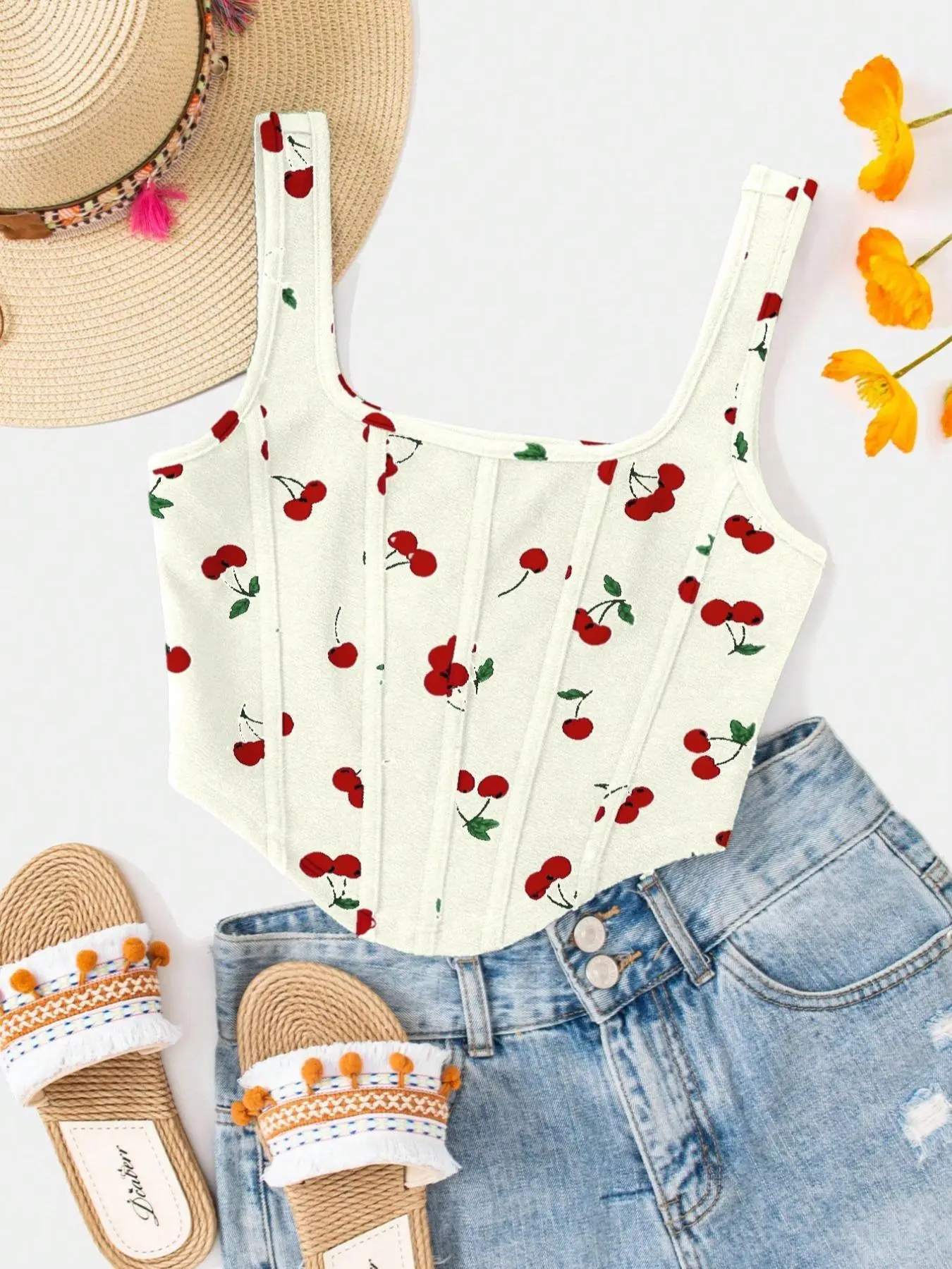 Women's Cherry Print Crop Tank Top, Cute Casual Sleeveless Crop Top for Summer, Fashion Women's Top for Daily Wear