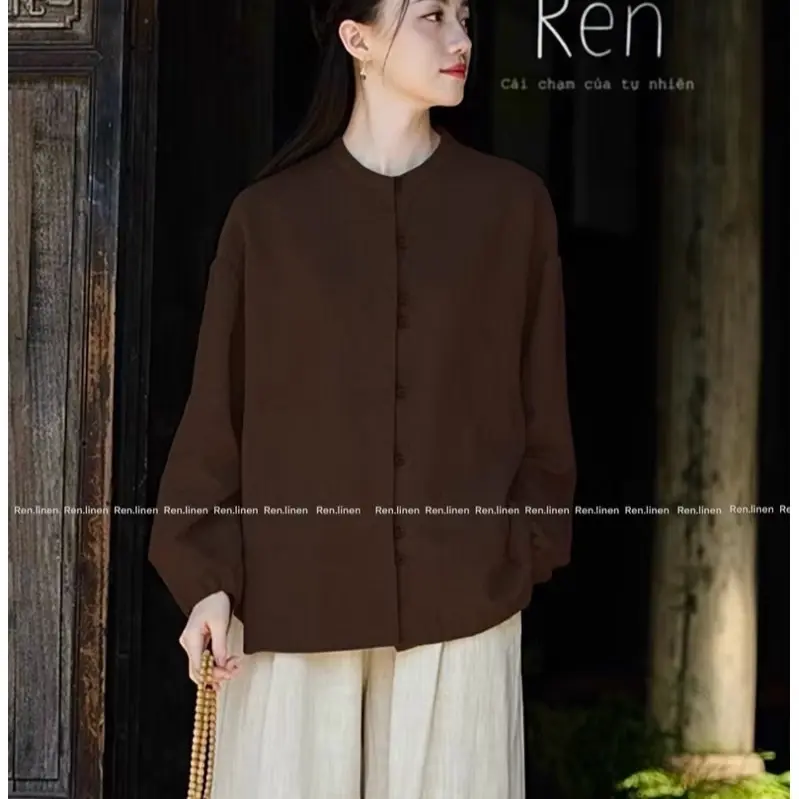 ￼Linen Đồ Đi Chùa Pháp Phục Đồ Lam Cát Duyên Nữ Voi Women Áo Lịch Ren