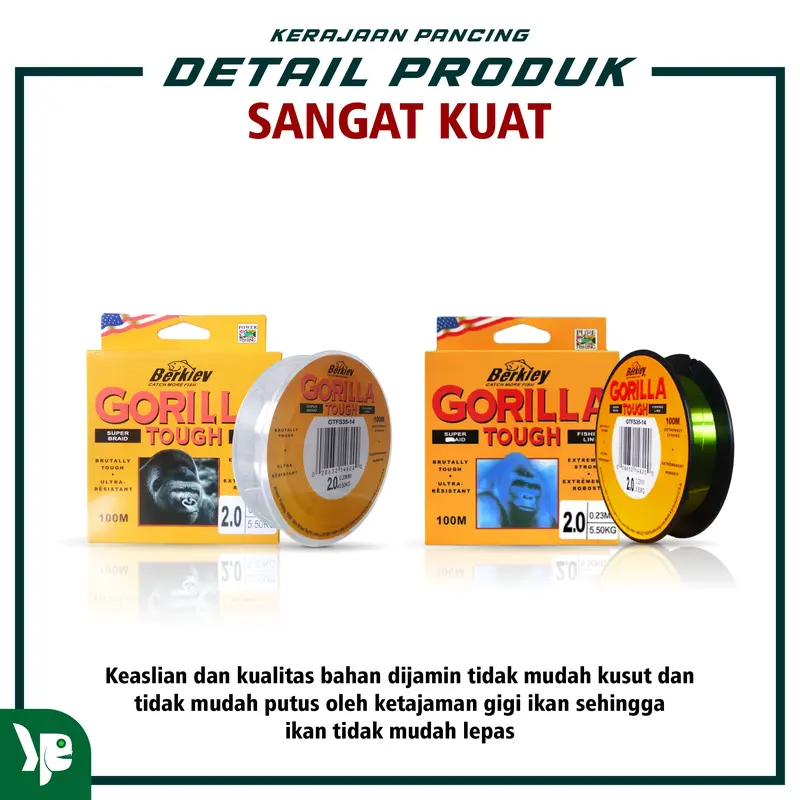 KP- Senar Pancing Berkley Gorilla Tough 100m 2Warna Bahan Nilon Alat Joran Reel 3