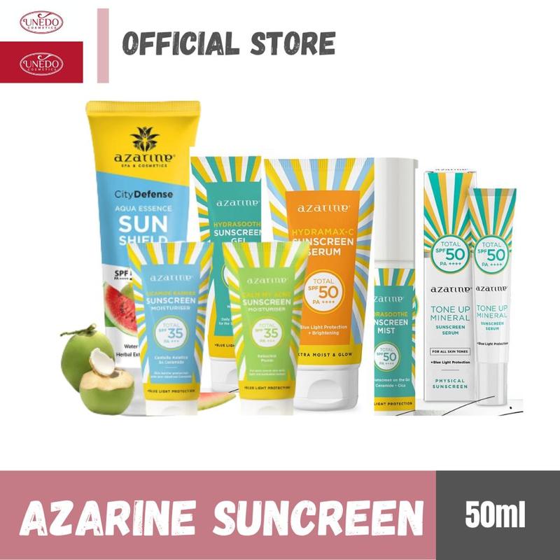 Product Introduction of AZARINE Sunscreen Hydrasoothe Gel SPF 45 PA++ Aqua Essence Sun Shield Serum SPF 50 PA++ Semua Jenis Kulit Berjerawat Berminyak Wajah Sunblock Perawatan Facial 20