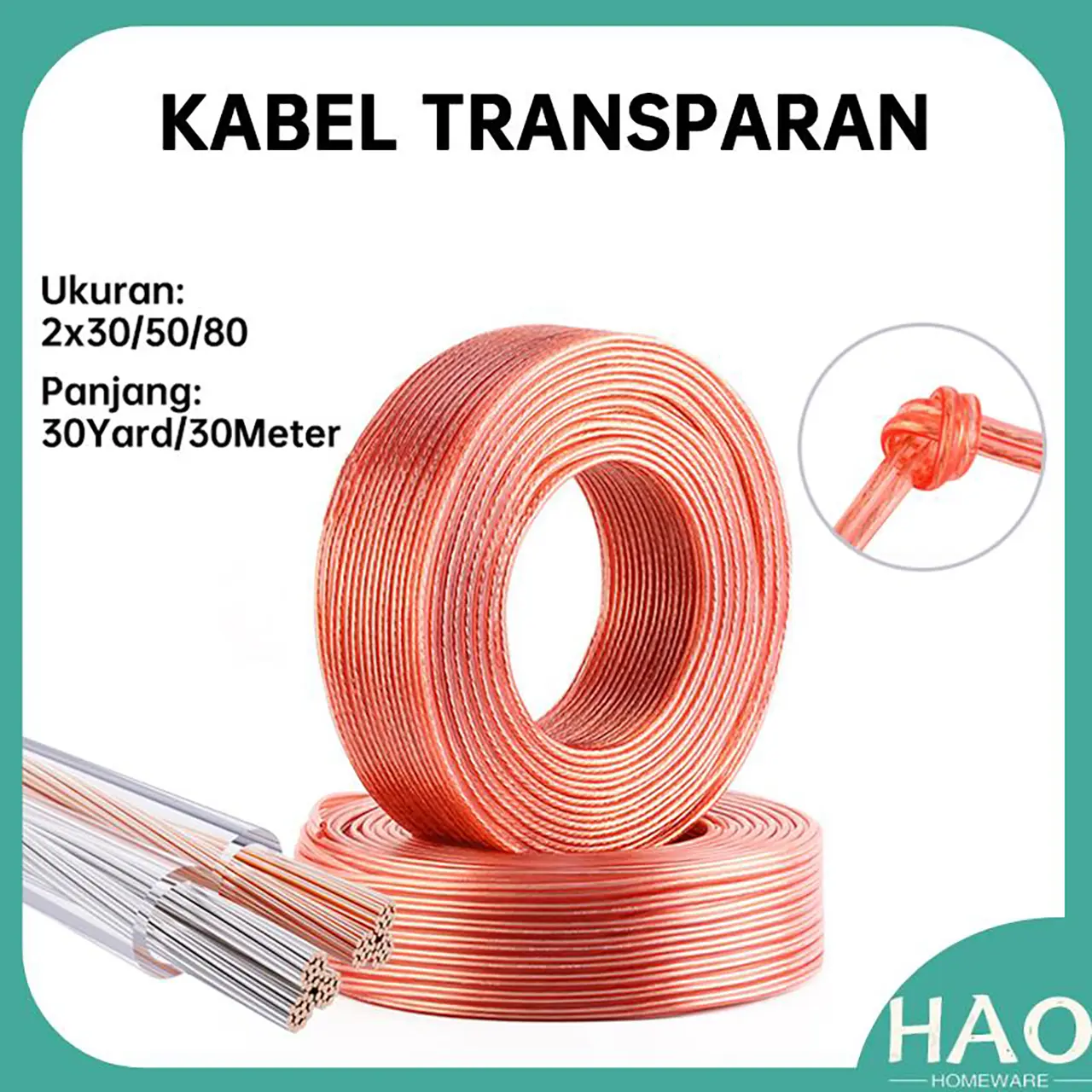 [HAO] Kabel listrik transparan/kabel audio/super promo 2x30,2x50,2x80 30Yard/30Meter