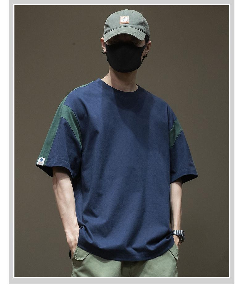 Product Introduction of 2023 New Summer Trendy Japanese Style Patchwork Color Block Regular Shoulder Short Sleeve T-Shirt Men Drop Shoulder Half Sleeve Men's Youth T-Shirt 7