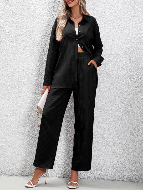 Women's Button Front Blouse & Elastic Waist Pants Set without Cami Top, Drop Shoulder Long Sleeve  Tops & High Waist Wide Leg Trousers Matching Set for Spring & Autumn, Summer Sets, 2 Piece Sets Women, Summer Outfits 2024, Co-ord Set for Women 8
