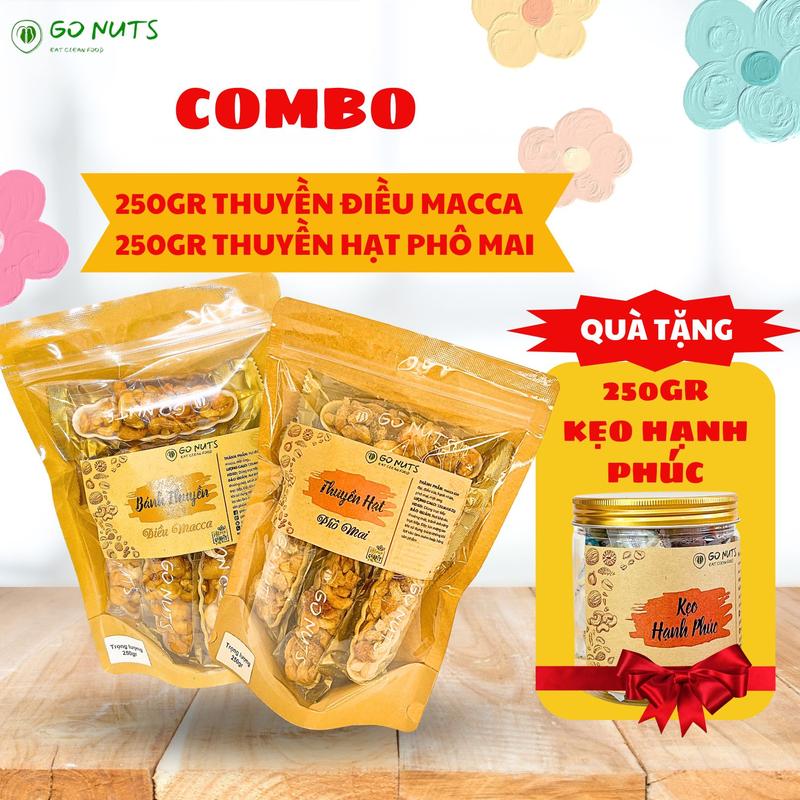 COMBO NGON KHỎE 1 Thuyền điều macca 250g + 1 Thuyền hạt phô mai 250g TẶNG Kẹo hạnh phúc 250g GO NUTS bánh hạt mix ngũ cốc dinh dưỡng