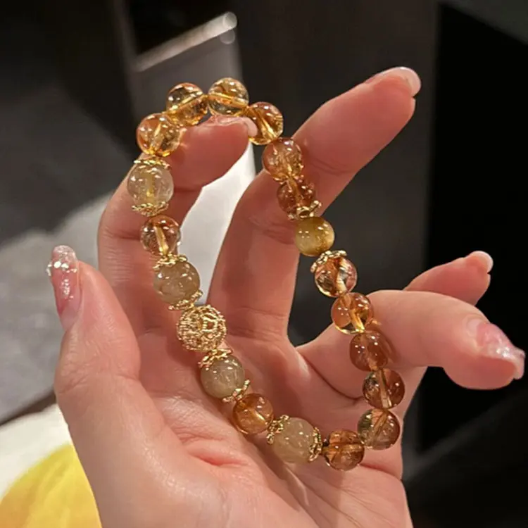 Natural Yellow Crystal Bracelet Gold Hair Crystal Tiger Eye Stone Light Luxury High-end Crystal Beads Niche Design