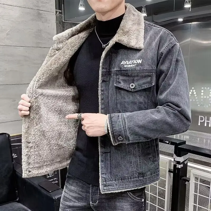 Áo Khoác Denim Len Cừu, Mùa Đông, Dành Cho Nam Giới, Phong Cách Hàn Quốc, Lông Cừu Hợp Xu hướng, Đệm Lót, Giữ Nhiệt, Quần Áo Bông Mỹ, Áo Khoác Nam 6