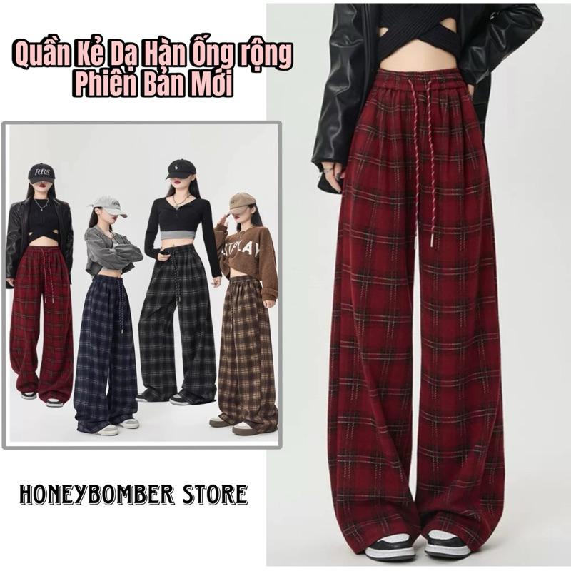 Quần Dạ Kẻ Caro Ống Rộng Dây Rút [FREESHIP]Quần Suông Form Rộng Phong Cách Ulzzang