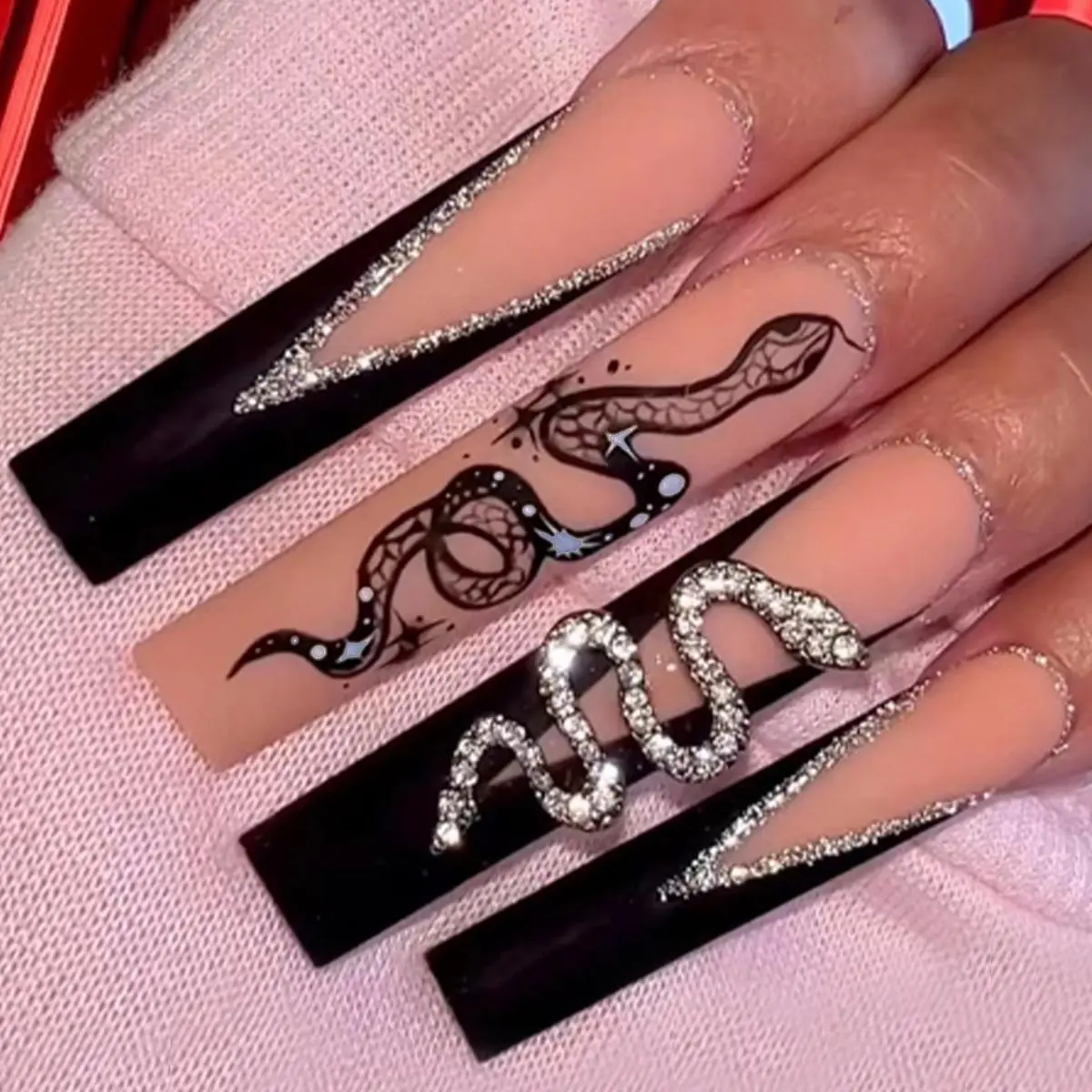 12 Pairs Glitter Fake Nails With Nail File And Double Sided Tape, DIY Glossy Rectangular Fake Nails, Rhinestone Decor Press On Nails For Women & Girls DIY Nail Art