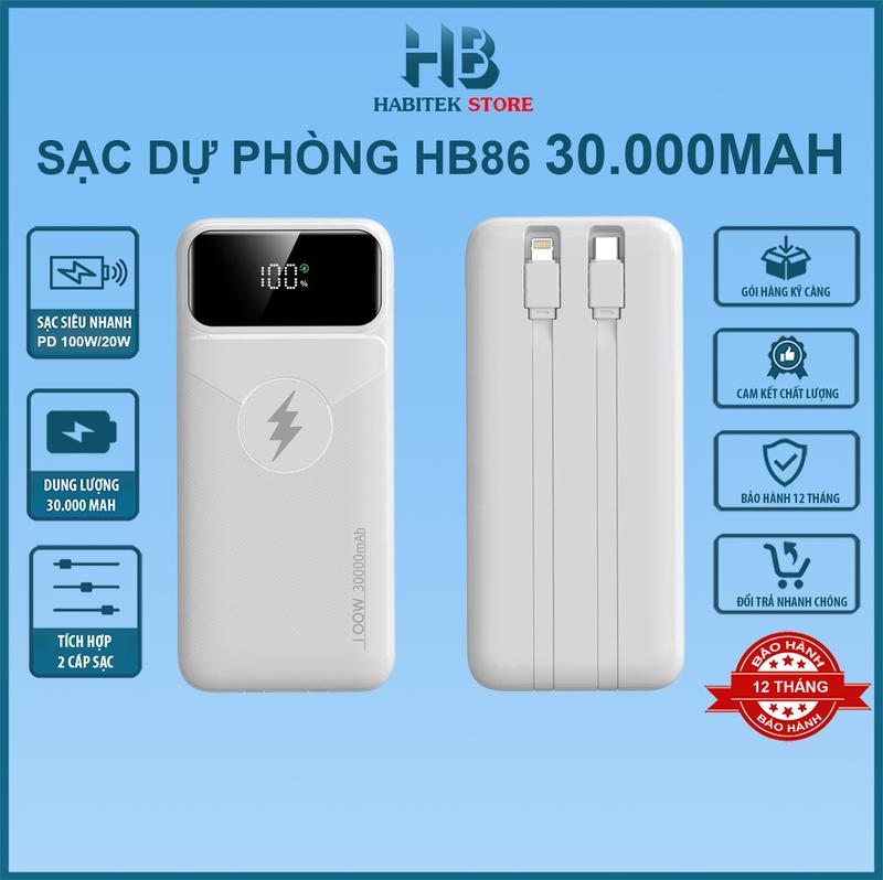 Sạc Dự Phòng HB86 30.000MAH , Sạc Siêu Nhanh, Tích Hợp 2 Dây Sạc,  Bảo Hành 12 Tháng [ Đổi trả bất kỳ lý do gì ] Phụ Kiện Điện Thoại Pin Dự Phòng Led