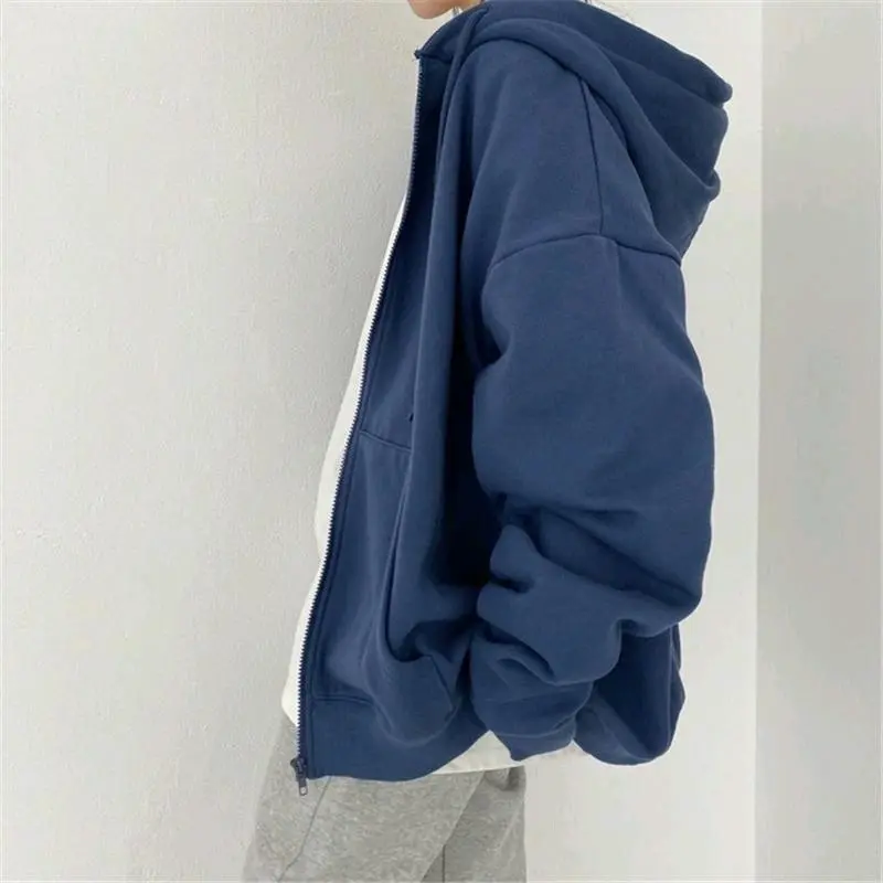 JAKET Hoodie Zipper pria wanita polos Lembut Panjang Sweater Keren Hitam 7