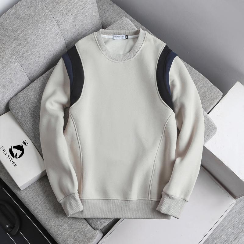 ÁO SWEATER NỈ LÓT LÔNG HÀN, PHỐI VIỀN TAY NEW 2025 - UMASTORE Menswear Nam Tay Dài Hoodie Trắng Dài Tay