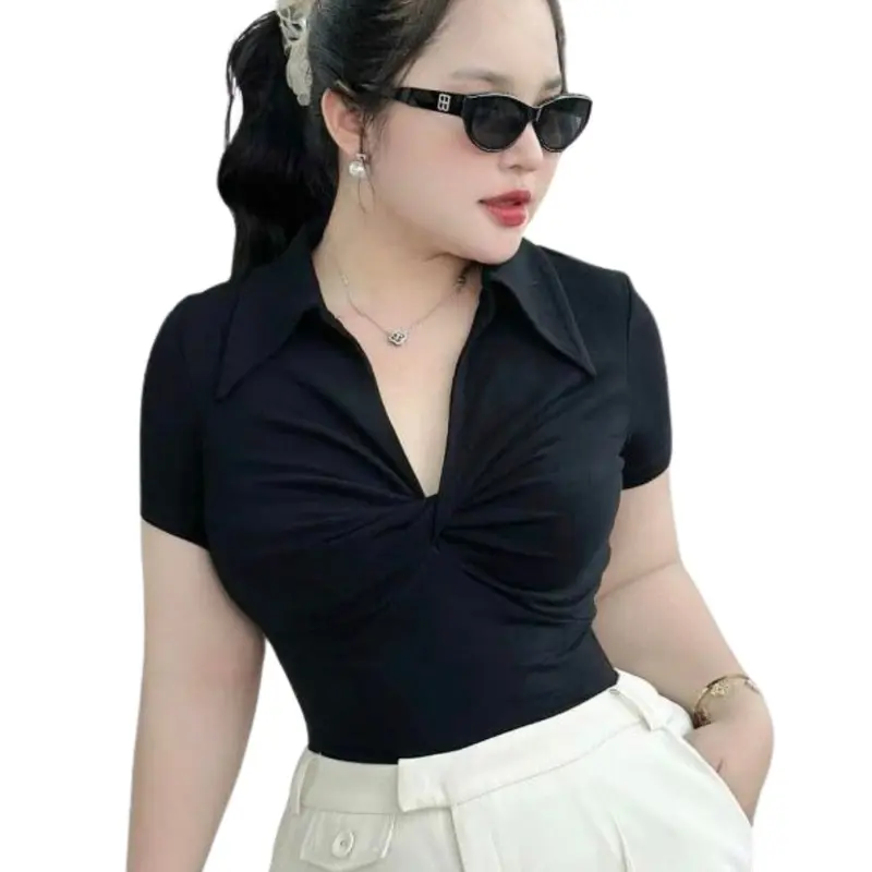 Áo Thun Nữ Bigsize Tay Ngắn Xoắn Trước Cổ Bẻ ESHOP Áo Kiểu Nữ Bigsize 45-85Kg Áo Phong Nữ Ôm Body Co Giãn Mùa Hè Đẹp Dễ Thương MS229 Top Áo Nữ Women 3