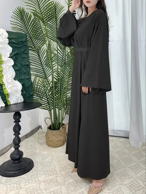 Women's Plain Belted Flounce Sleeve Dress without Necklace, Casual Long Sleeve Round Neck Long Dress for Daily Wear, Ladies Clothes for All Seasons, Classy Modest Dresses 4