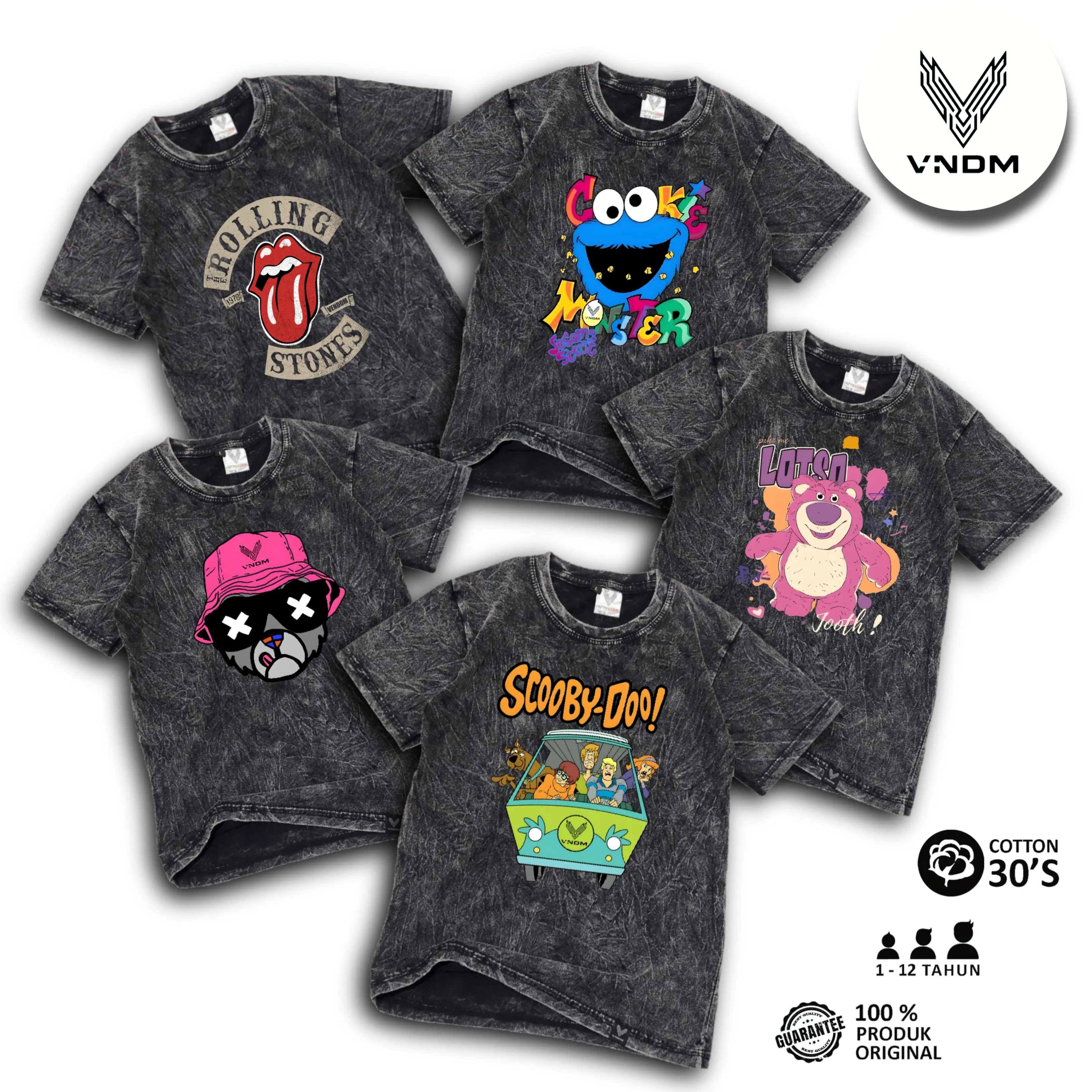 Vendom Kids Baju Kaos Anak Washet Laki Laki / Perempuan Unisex Umur 1-12 Tahun Bahan Cotton 30S Katun Laki-Laki