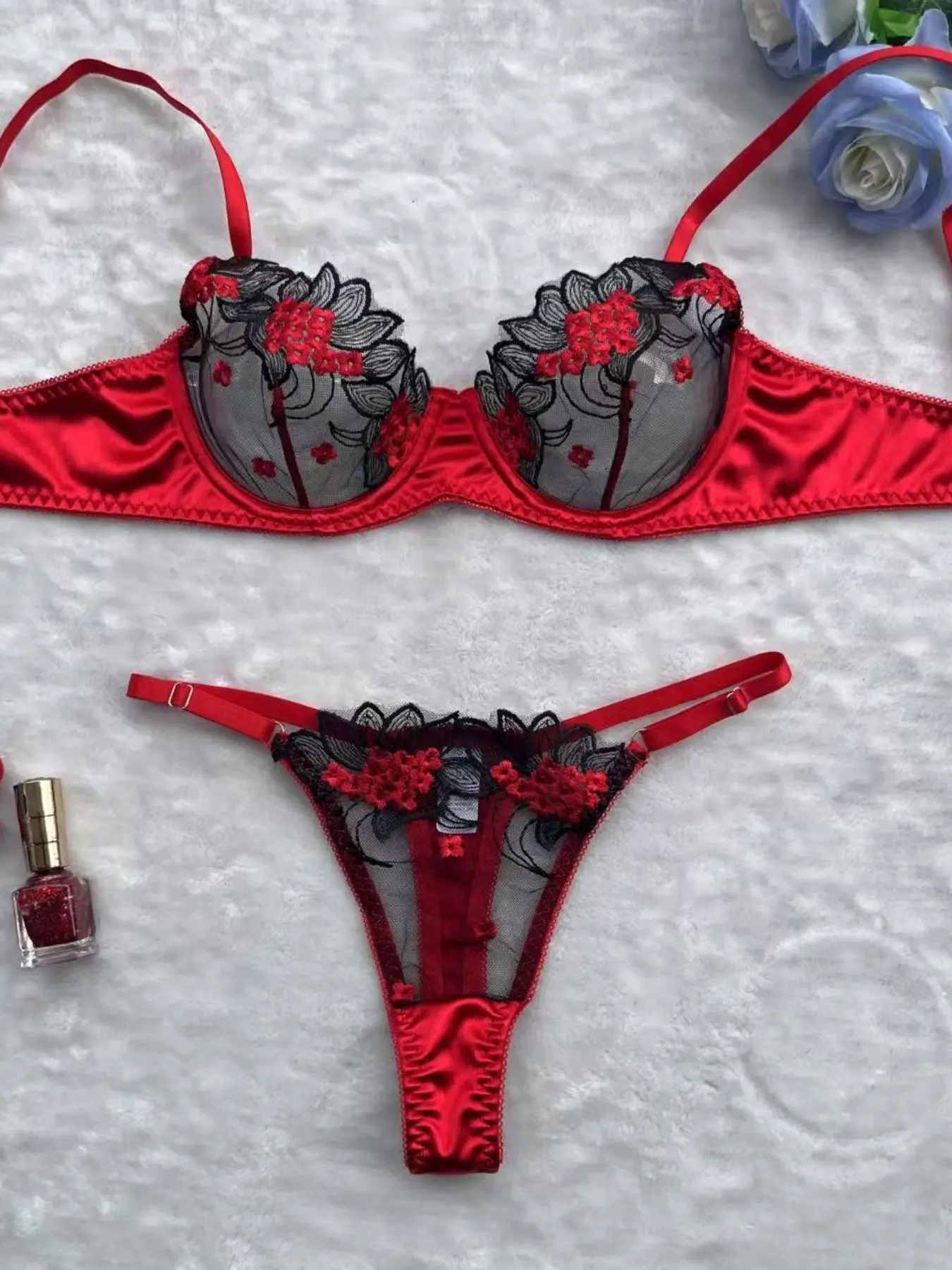 Two-Piece Set Women's Patchwork Print Lace Bra & Thong Sexy Lingerie Set, Sexy Comfy Breathable Bra & Panty Set, Lingerie Set for Women