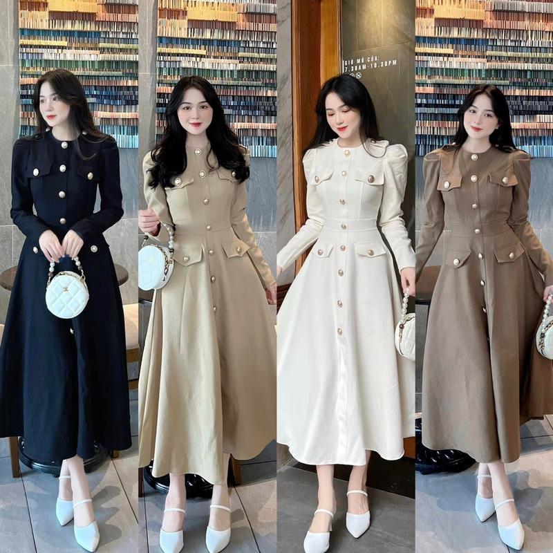 Đầm maxi cổ tròn cúc đồng sang chảnh mã mb1