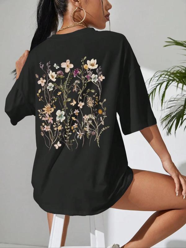 Women's Summer Ditsy Floral Print Drop Shoulder Tee, Casual Half Sleeve Round Neck T-Shirt for Daily Wear, Ladies Summer Clothes 4