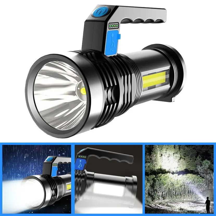 Đèn pin LED, Đèn tìm kiếm, với COB Sidelight, tầm xa 500m, ánh sáng đôi, mạnh mẽ, có thể sạc lại USB, đèn chiếu tay mạnh mẽ, P500