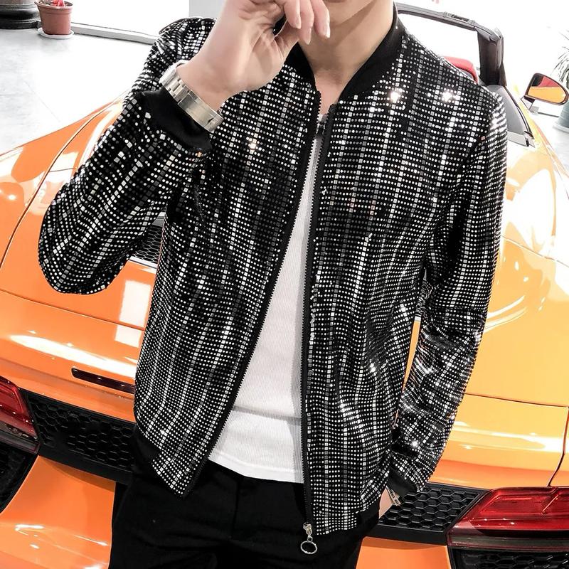 Product Introduction of SS24 New Sequined Bomber Jacket Men Shiny Sequins Long Sleeve Glitter Zipper Coat Hip Hop Loose Night Club Stage Streetwear Coats 6
