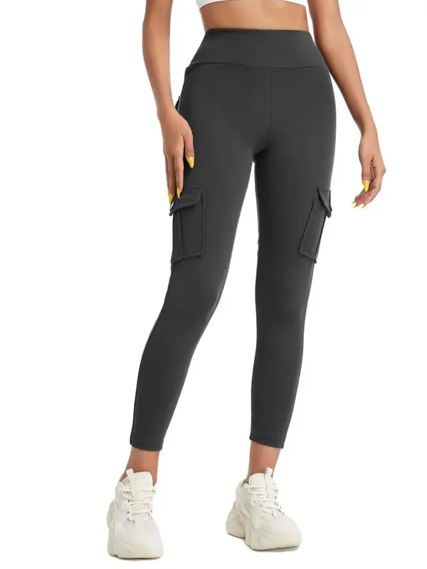 Women's Solid High Waist Pocket Sports Leggings, Sporty Casual Comfy Breathable Skinny Tummy Control Pants for Yoga Gym Workout Running, Ladies Sportswear for All Seasons, Workout Clothes, Activewear, Tight Leggings 4