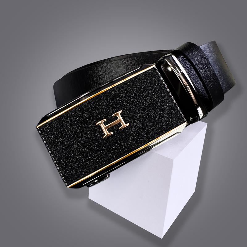 Thắt Lưng Nam Đen bóng Da Bò Mặt khảm đá kim lấp lánh chữ H Khóa gài tự động Kim Tuyến Da thật
