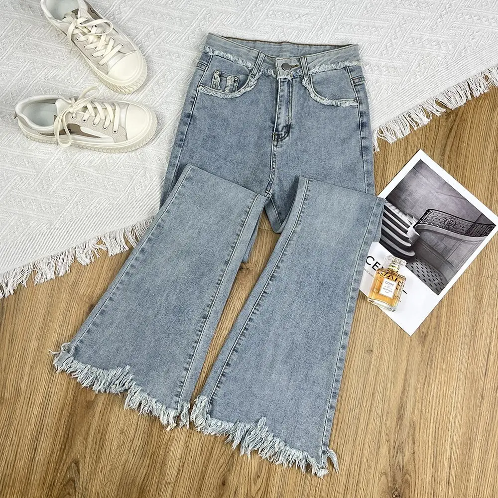 Seluar Jeans Kurus, Rekaan Rumbai Musim Panas, Seluar Jeans Berkobar, Untuk Wanita, Pinggang Tinggi, Boleh Diregangkan, Gaya 2024