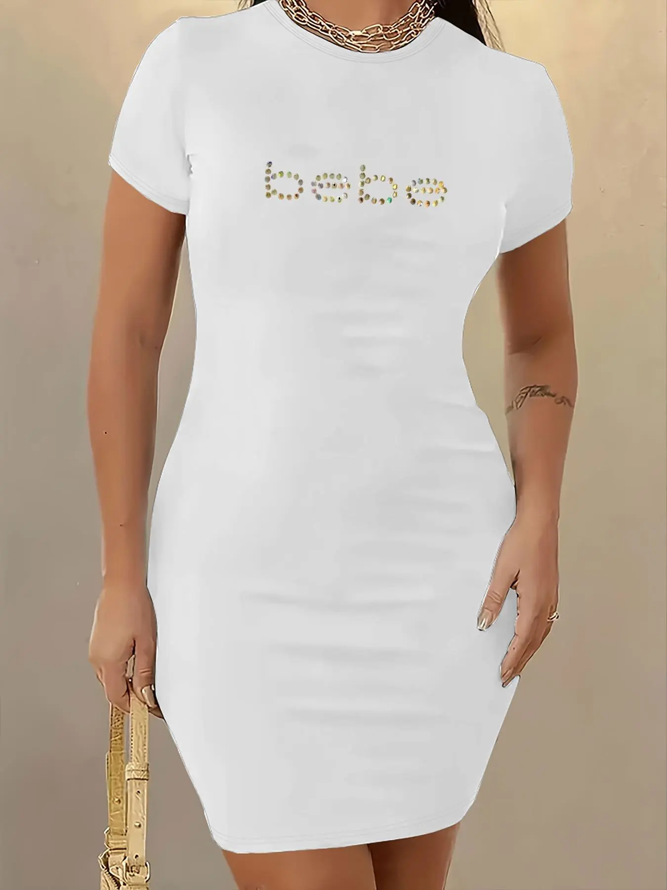 Women's Letter Print Round Neck Tee Dress, Casual Short Sleeve Crew Neck Short Dress for Daily Wear, Ladies Clothes for All Seasons