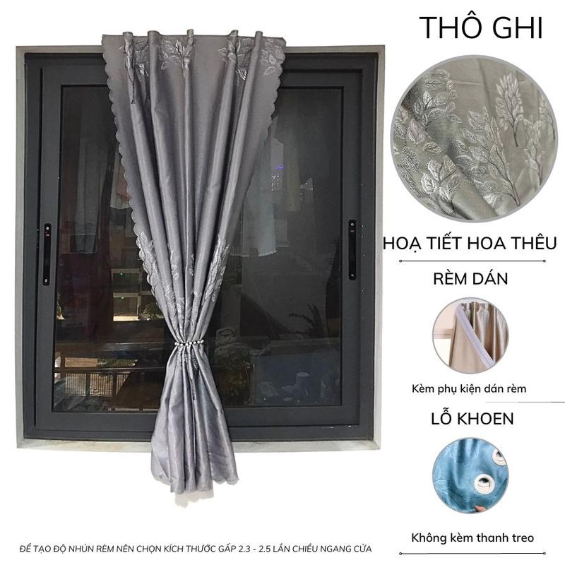 Rèm cửa sổ Minh Tâm Decor loại I dán tường tặng kèm phụ kiện rèm lỗ khoen không kèm thanh treo trang trí chống nắng chất liệu gấm dệt 3 lớp - màu THÔ GHI HOA THÊU