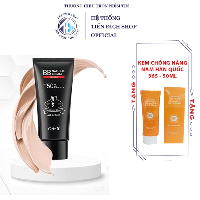 Kem nền Grinif Natural BB Cream For Men 50gr | Xuất xứ Hàn Quốc - Kem che khuyết điểm nam giới +  Tặng kem chống nắng 365 Cosmetic Son Môi Serum Làm Đẹp Da