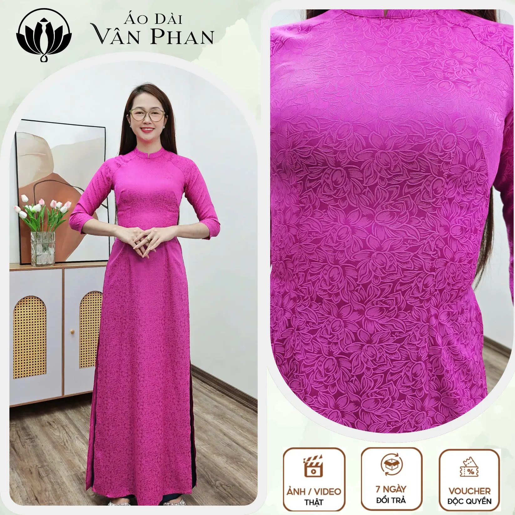 Áo dài cổ cao tay lỡ gấm vân hoa nhiều màu bán chạy nhất - Áo dài Vân Phan