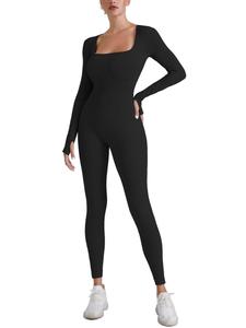 Women's Solid Ribbed Square Neck Skinny Jumpsuit, Casual Comfy Long Sleeve Jumpsuit for Daily Wear, Ladies Clothes for All Seasons