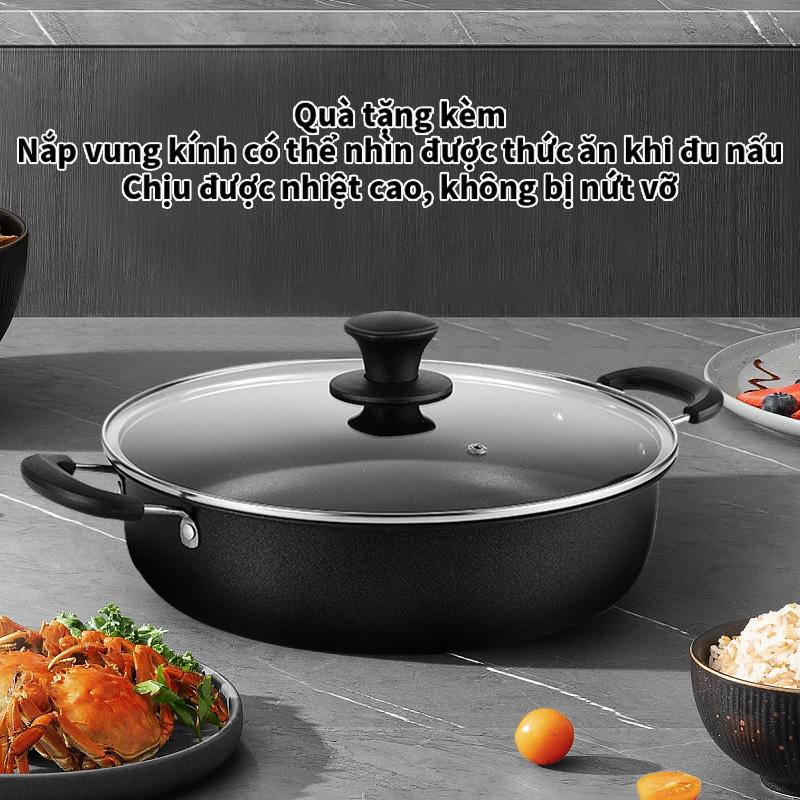 Nồi chống dính đa năng dùng để chiên, rán, nấu canh chảo chống dính Sử dụng được với nhiều loại bếp, thích hợp dùng cho bếp từ và bếp gas Tay cầm bằng gỗ Giúp cách nhiệt và chống bỏng