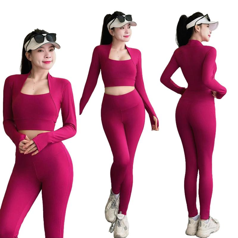 Đồ tập gym nữ, đồ tập yoga quần legging cạp cao áo crotop dài tay kèm mút ngực đồ tập mùa đông YLYSPORT D03 Chạy Bộ Đồng