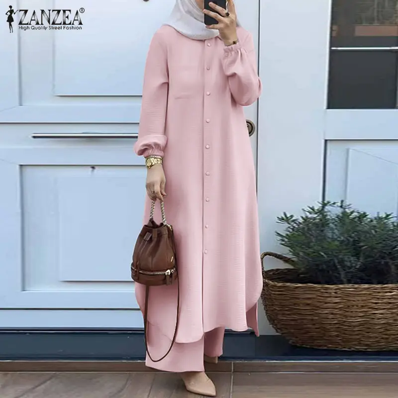 ZANZEA Muslimah Womens Muslim 2PCS Suit Long Sleeve Shirt Dress Wide Leg Long Pants Set