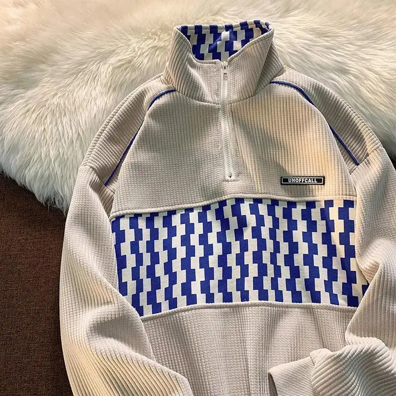 Áo Len Cổ Polo, Phong Cách Mỹ Cổ Điển Bánh Quế Nửa Dây Kéo, Dáng Rộng Vừa Vặn, Dành Cho Nam Và Nữ, Thích Hợp Cho Mùa Thu, Hợp Xu hướng Và Dễ Phối Đồ, Áo Khoác Kẻ Sọc Ca Rô Menswear Hoodie 2