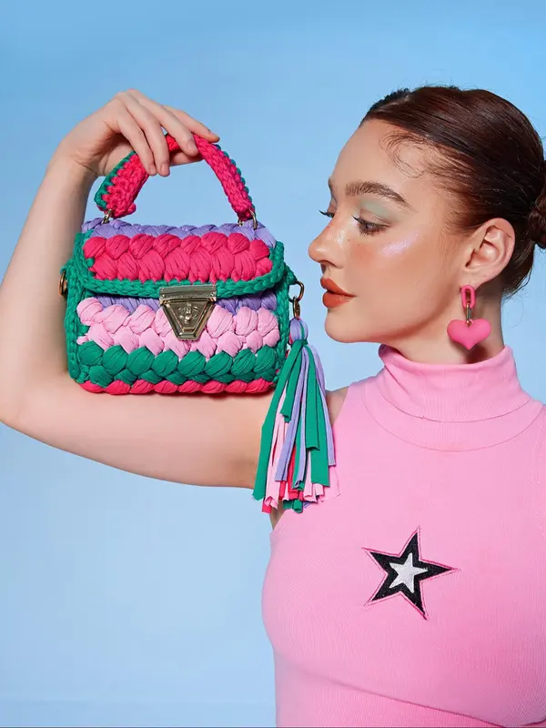 Women's Colorblock Braid Crochet Design Handbag, Fashionable Tassel Decorated Crossbody Bag for Daily Used, Casual Trendy Versatile High-quality Daily Commuting Bag 1