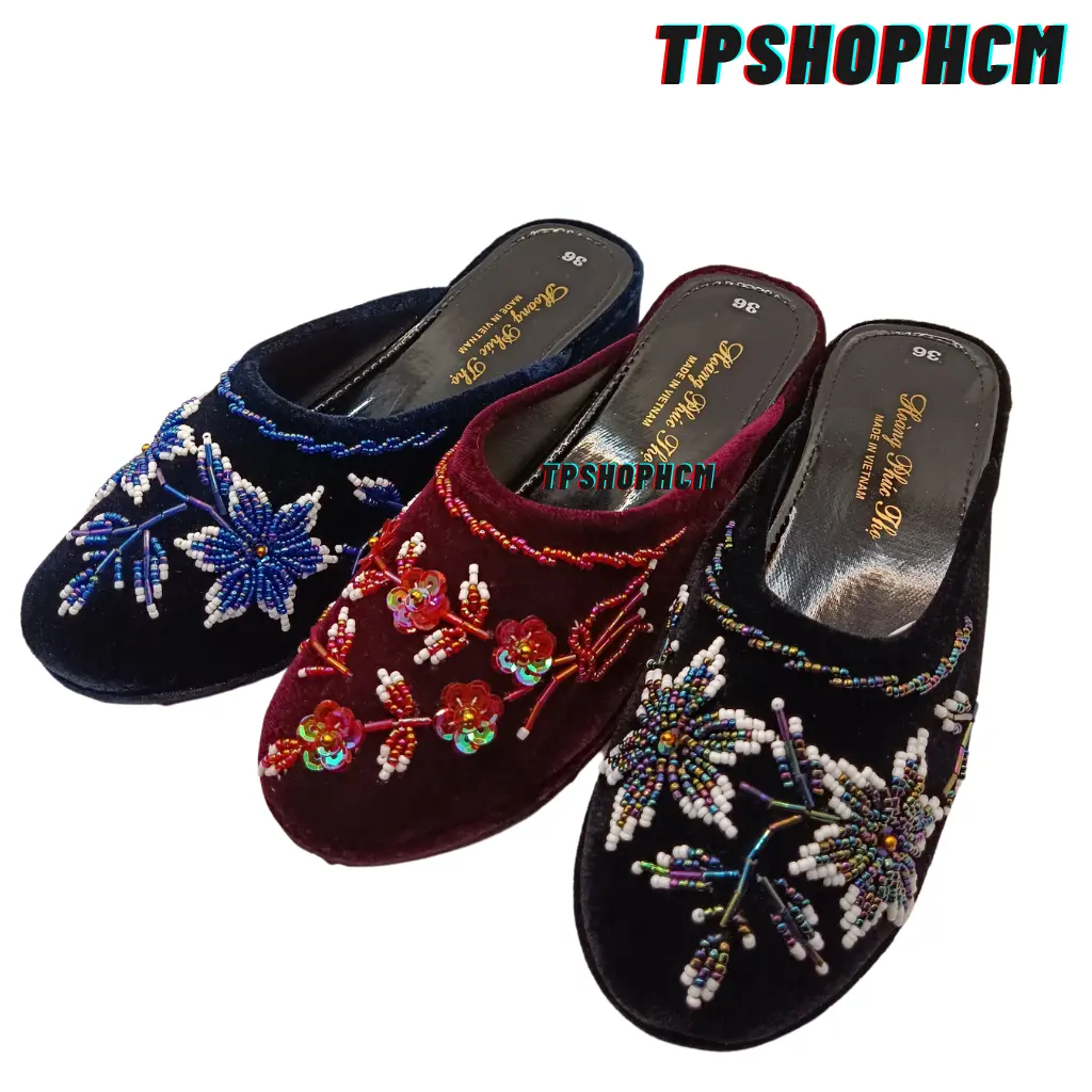 Dép hài nhung đính hạt handmade thủ công cao cấp êm chân chống trượt cao cấp bà già