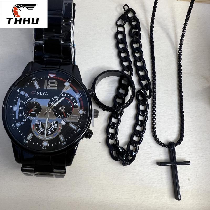  Đồng Hồ Thạch Anh Có Lịch Dây Thép Dành Cho Nam Giới Vòng Tay Và Vòng Cổ Và Nhẫn Bộ 4 Món Mặt Số Tròn Con Trỏ Dạ Quang Thể Thao Đồng Hồ Nam Không Có Hộp Thiết Kế Đơn Giản Đi Kèm Với Bộ Điều Chỉnh Đồng Hồ Làm Quà Tặng 