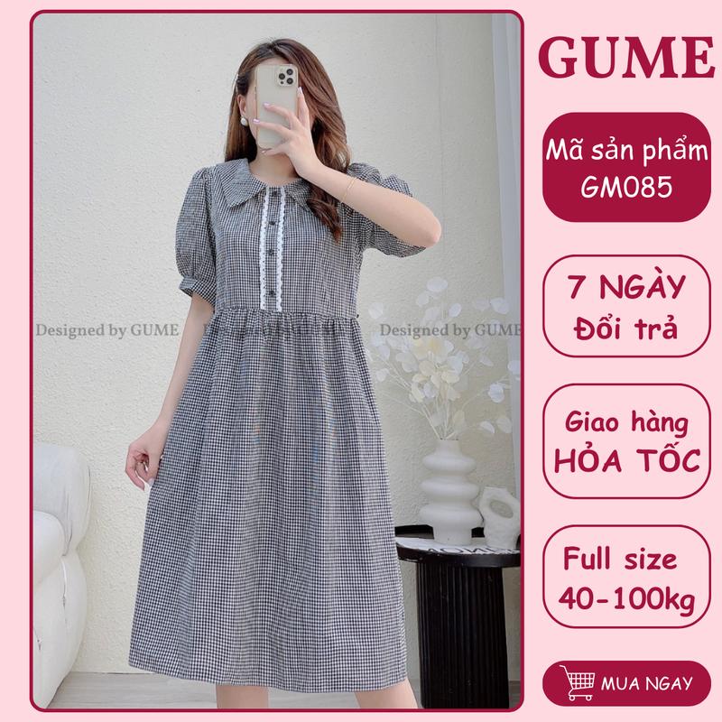  Váy bầu bigsize - Đầm bầu thiết kế GuMe kẻ caro đen dáng babydoll nẹp ngực tay bo size 40-100kg GM085 - ảnh thật 