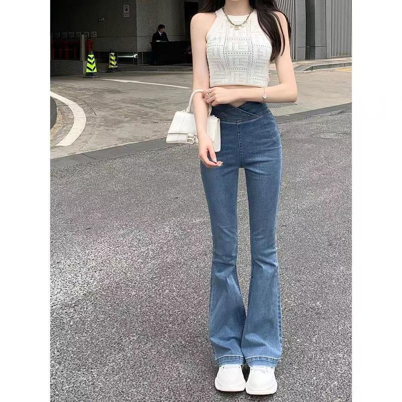 Product Introduction of Tiktok shop- Irregular Jeans Women's High Waist Slim-Fit Skinny V-Shaped Trousers Summer Thin Wide Leg Mopping Bell-Bottom Pants Womenswear Lingerie Lady Streetwear Denim Pockets Basic Fitted Minimalist 3