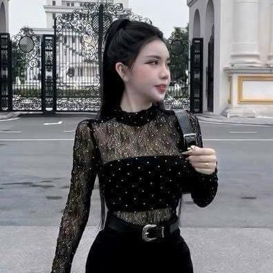 Áo lưới hoa đính hạt lấp lánh tay dài có lót xinh croptop Women Sơ Mi Nữ Nhung Thun Kem Shirt áo sang chảnh
