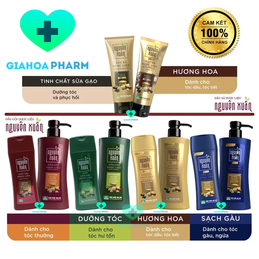 Dầu gội dược liệu Nguyên Xuân các loại cho tóc thường, tóc hư tổn, tóc gàu, tóc bết (Nâu, Xanh lá, Xanh dương, Vàng)