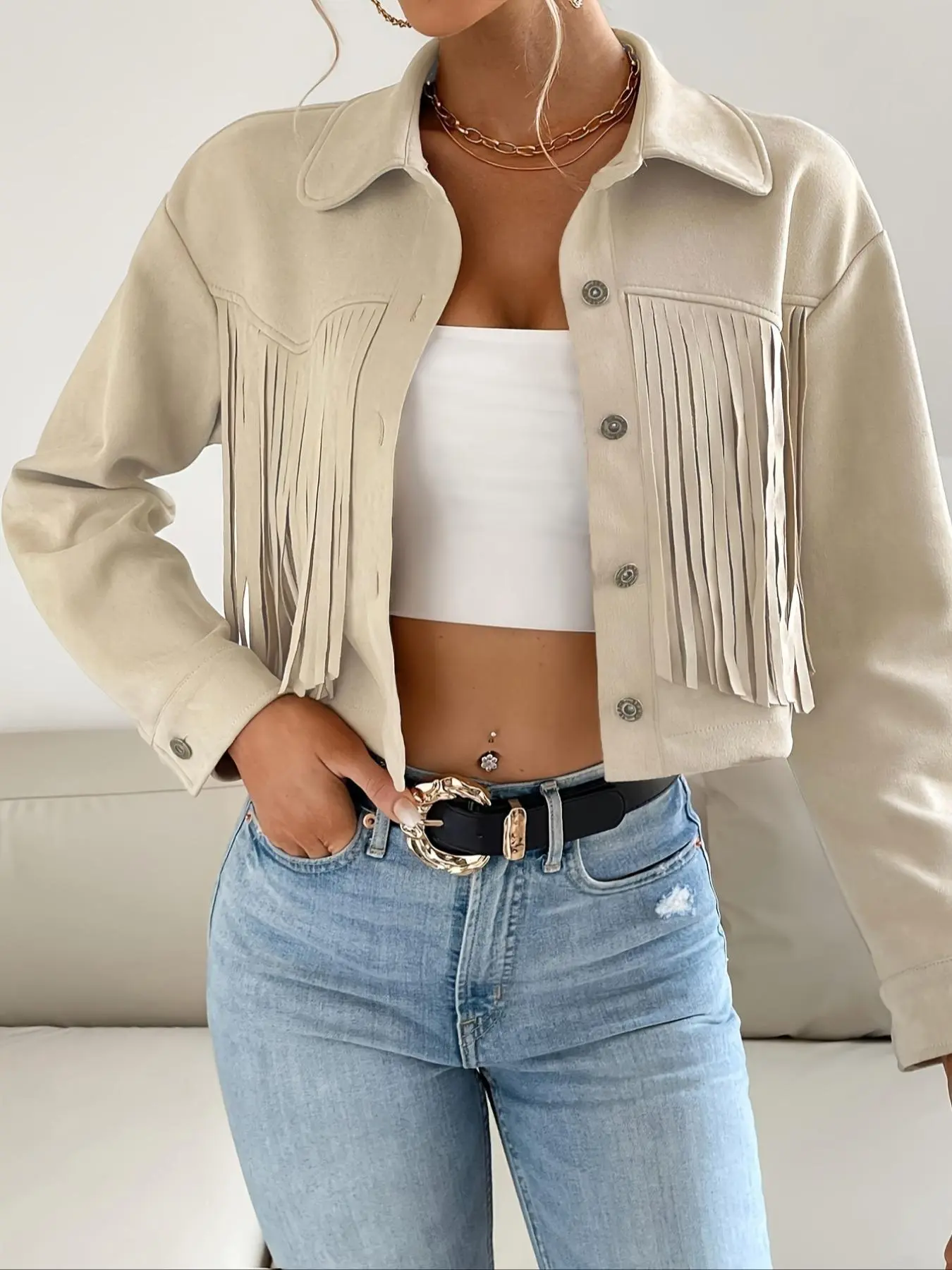 Women's Solid Color Tassel Button Front Jacket, Casual Drop Shoulder Long Sleeve Collared Outerwear for Fall & Winter, Ladies Clothes for Daily Wear