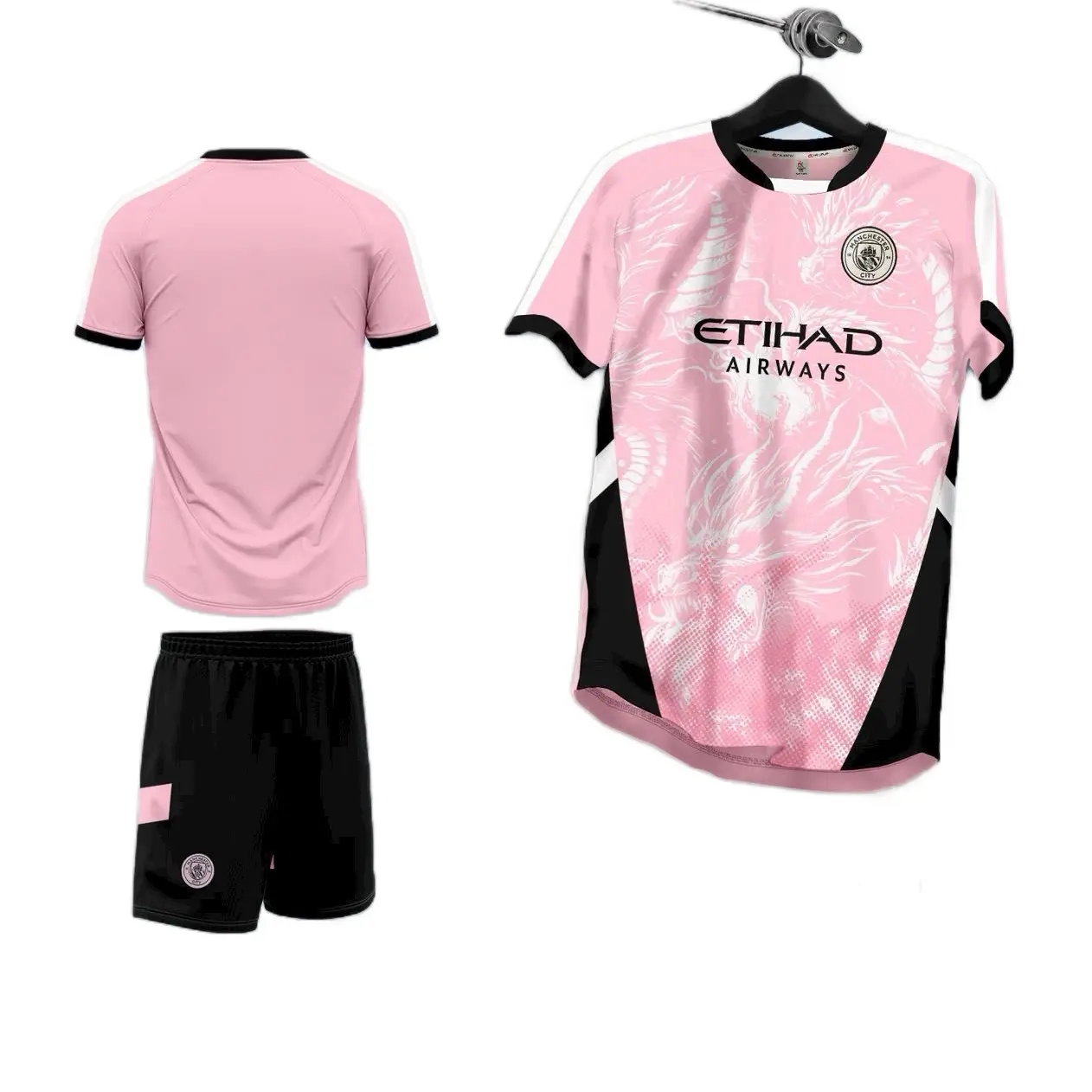 Áo đá bóng Mancity hồng, Vải mè kim, logo áo quần thêu, có dây rút quần, vải thun lạnh thấm hút, co giãn thoải mái.